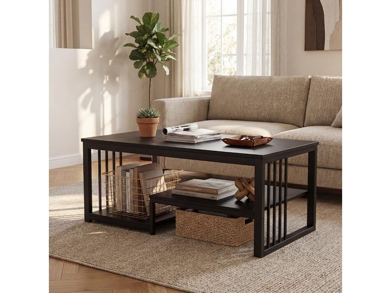  110x60x45 cm table basse rectangulaire rangement double etagère et plateau effet bois pour salon bureau  - Conforama E
