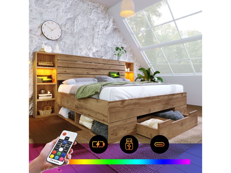  Lit coffre double 160x200 avec led télécommande, usb type-c, tiroirs rangement et sommier à lattes bois massif chêne  - Conforama R