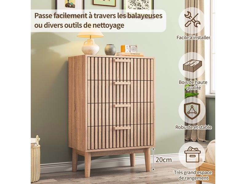 Commode 4 tiroirs - 60x34x91cm - meuble rangement chiffonnier scandinave façades à lattes et pieds hauts - chêne clair - Conforama D