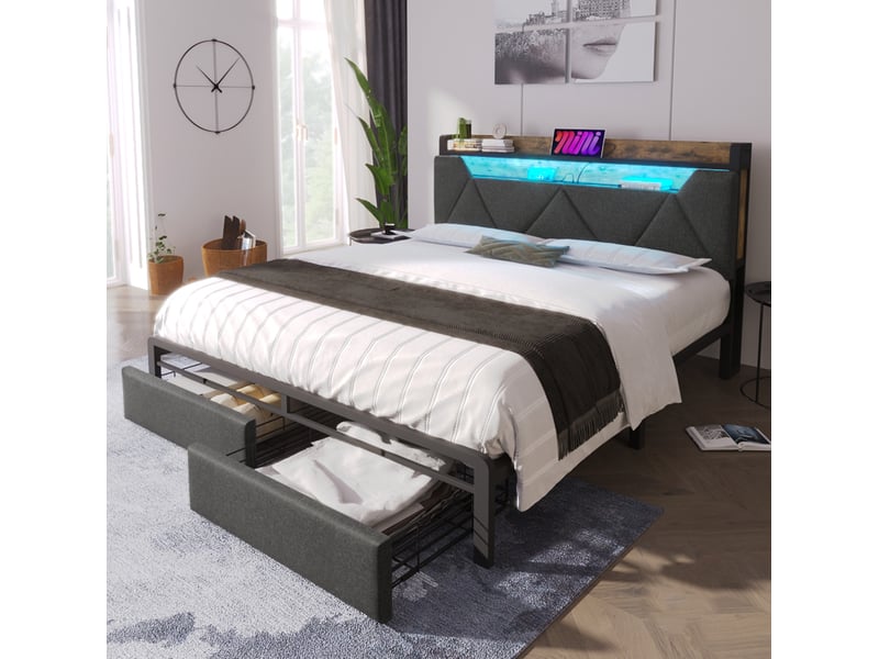  Lit rembourré tcqpz 160 x 200 cm avec tête de lit de rangement led usb type-c 2 tiroirs sommier à lattes métal lin gris  - Conforama E