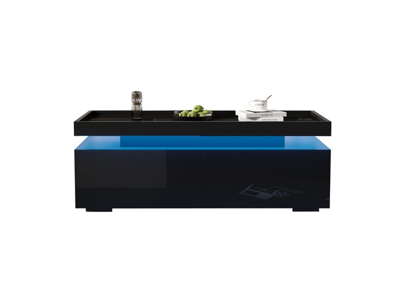  Table basse noire brillante avec led 95x45x35 cm, table de salon avec led et 2 tiroirs, design moderne minimaliste  - Conforama W