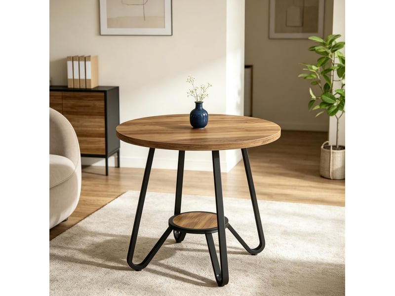  Table basse ronde 80 cm bicolore noir et marron en bois et métal, avec tablette inférieure, pour salon moderne  - Conforama D