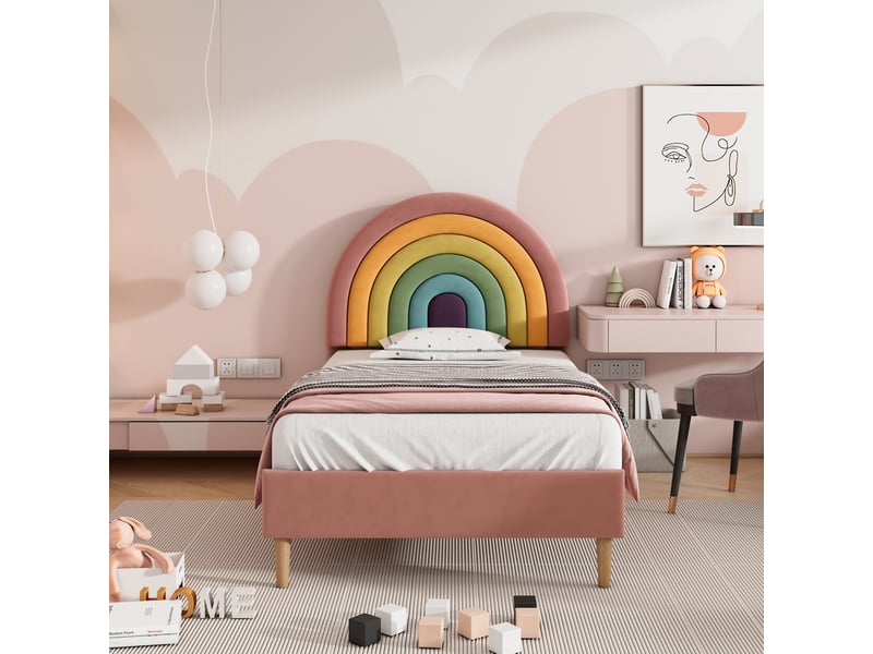 Lit simple enfant 90x200 cm, pieds 16cm, tête réglable 6 cm, sommier à lattes solide, velours, rose, sans matelas - Conforama D