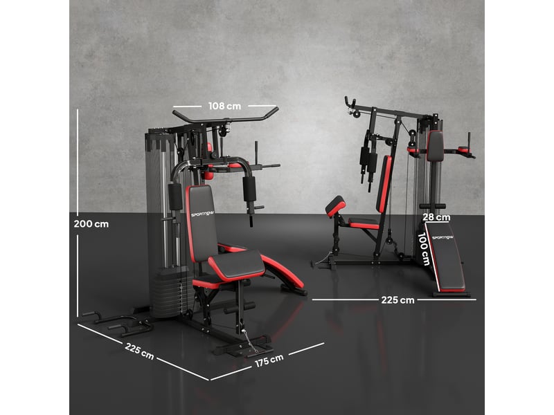 Station de musculation - banc, développé couché, butterfly, barre latissimus et traction, curler, bande résistance, 10 contrepoids - rouge - Conforama C