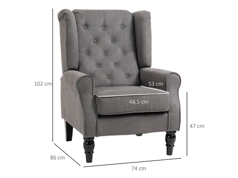  Fauteuil à oreilles ulevr capitonné 74 x 86 x 102 cm, polyester gris foncé, haut dossier  - Conforama C