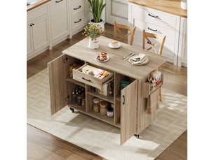 Îlot de cuisine sur roulettes 120cm avec plan de travail pliable, desserte avec tiroir et placard, finition chêne sonoma, 120x43,5x92,9cm