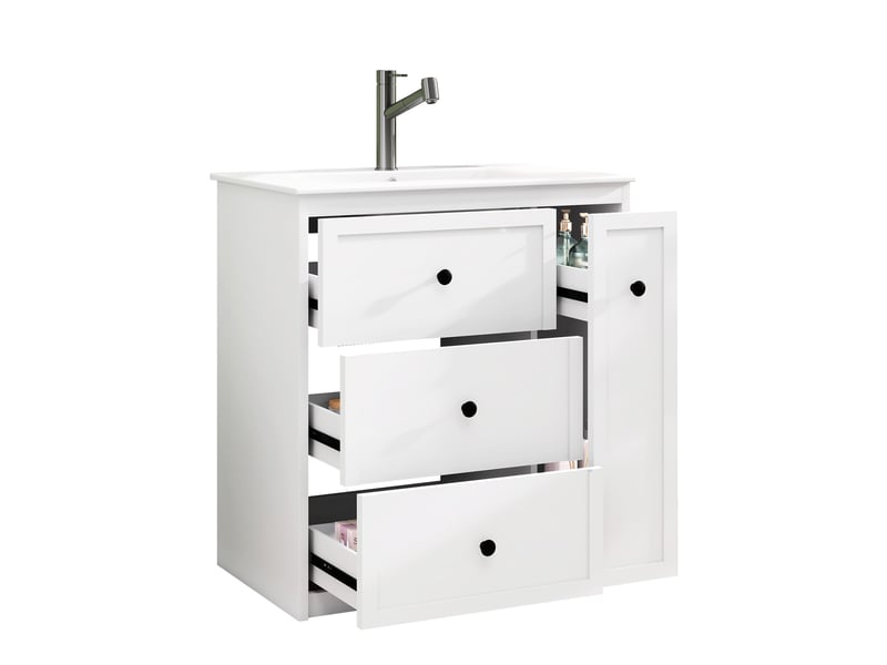 Meuble salle de bain sur pied 76 cm avec lavabo en céramique intégré et 4 tiroirs blanc - Conforama A