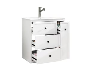 Meuble salle de bain sur pied 76 cm avec lavabo en céramique intégré et 4 tiroirs blanc