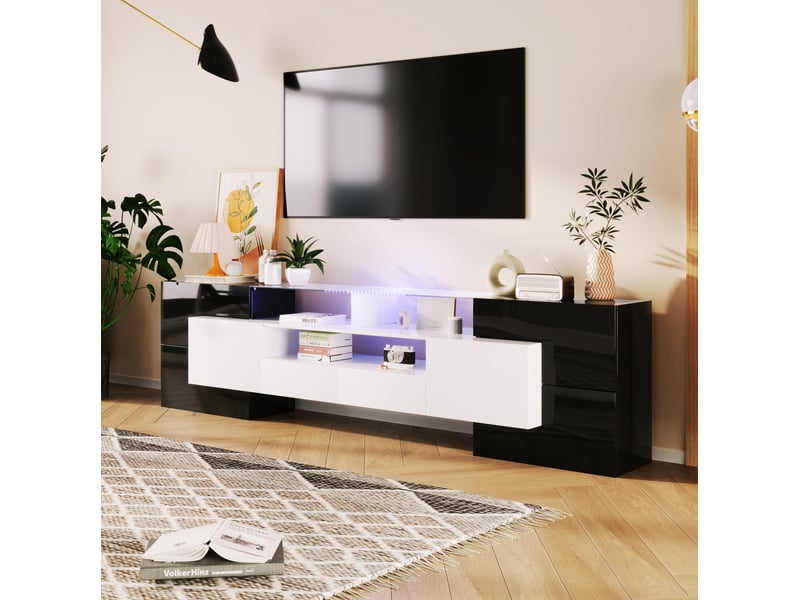  Meuble tv moderne 200cm, éclairage led, 4 portes, espace de rangement, 2 tiroirs, en mdf couleur noir brillant  - Conforama E