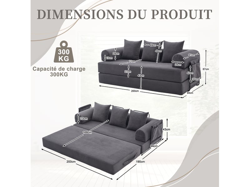 Canapé convertible 200x94x67 cm avec accoudoirs et poches, 3 coussins, structure en métal, velours côtelé, gris foncé - Conforama C