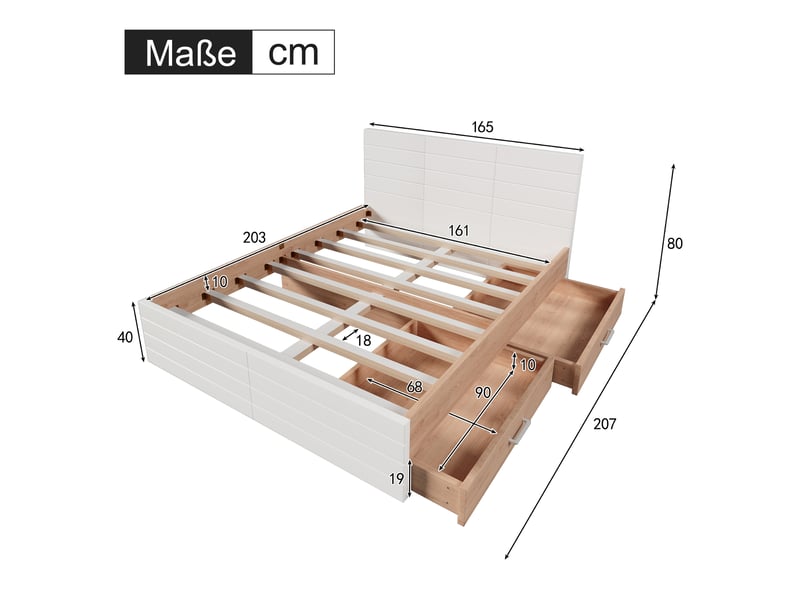  Lit double 160x200 cm avec 2 tiroirs, bois et mdf, blanc et chêne clair sans matelas  - Conforama E