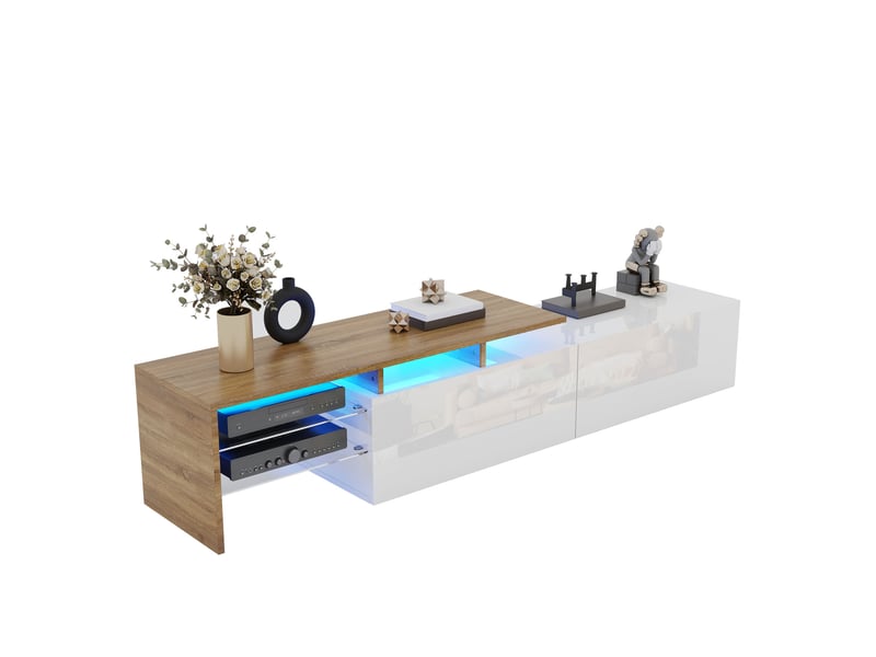 Meuble tv avec 2 niches et étagères en verre led pour salon 170×33×33,5 cm en panneaux de particules blanc naturel  - Conforama A