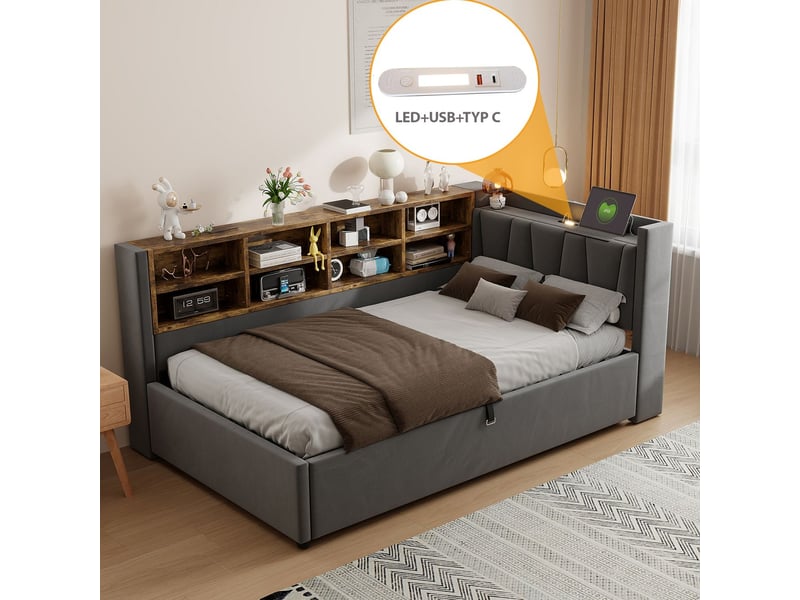 Lit capitonné 90x200, confort velours, rangement hydraulique, tête de lit fonctionnelle usb-c  - Conforama E
