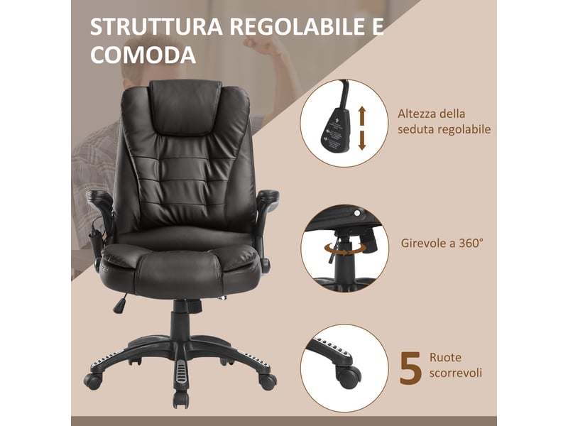  Chaise de bureau massante avec chauffage, similicuir marron, hauteur réglable 111-121 cm  - Conforama R