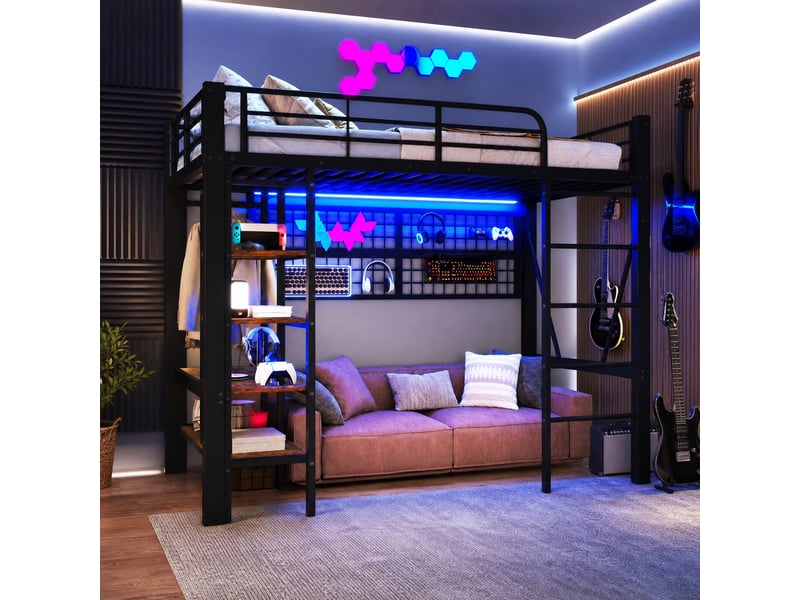  Lit mezzanine 90x200 cm avec éclairage led et rangements en métal et mdf noir  - Conforama B