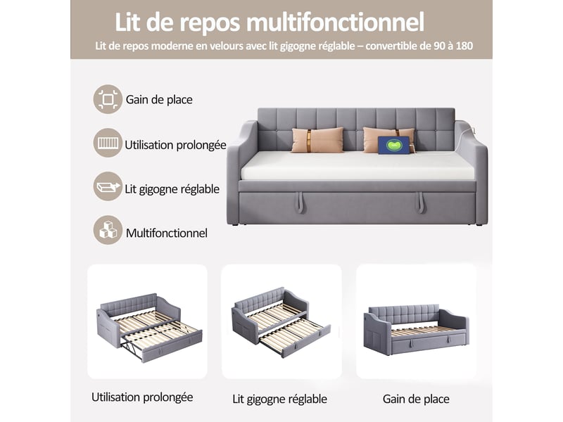  Canapé-lit convertible 90/180x190 cm, velours gris, ports usb, sans matelas  - Conforama D