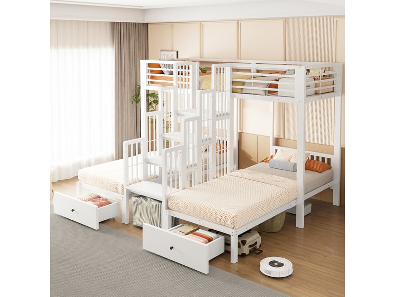  Lit superposé triple modenvie 90 x 200 cm escalier central tiroirs blanc  - Conforama B