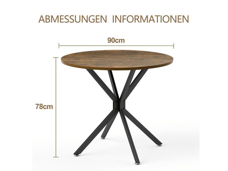 Table ronde 90 cm pour 1 à 4 personnes, table de cuisine compacte avec pieds métalliques stables, idéale pour salle à manger ou salon, marron vintage et noir - Conforama C