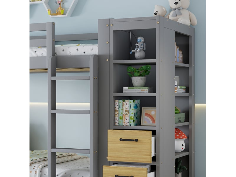  Lit superposé 90x200 cm, 2 tiroirs, rangement latéral, chevet, bois et mdf, gris clair et naturel, sans matelas  - Conforama E