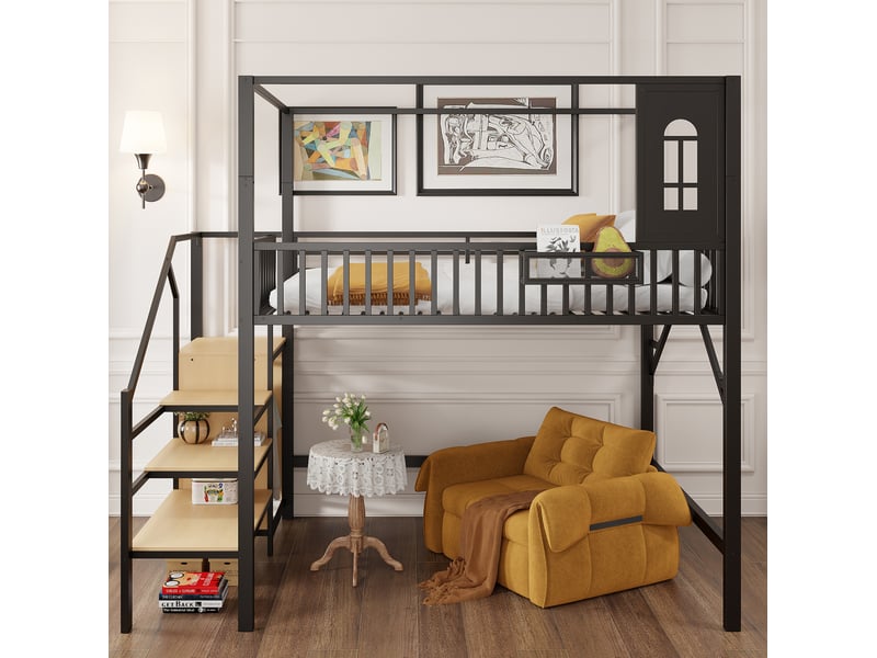  Lit mezzanine 140x200 cm en métal noir avec escalier et cadre en forme de toit  - Conforama D