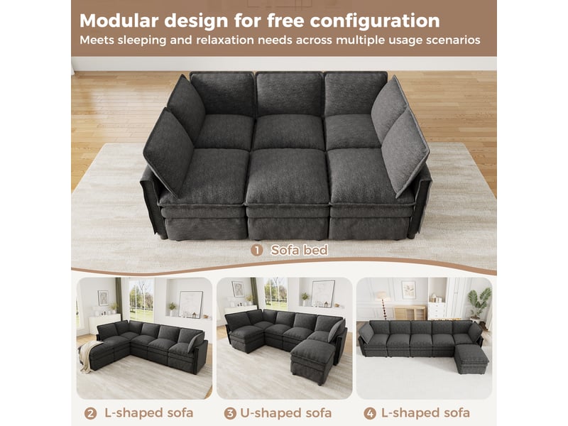  Canapé modulable xxl 6 places gris en chenille, forme u ou l avec pouf  - Conforama C