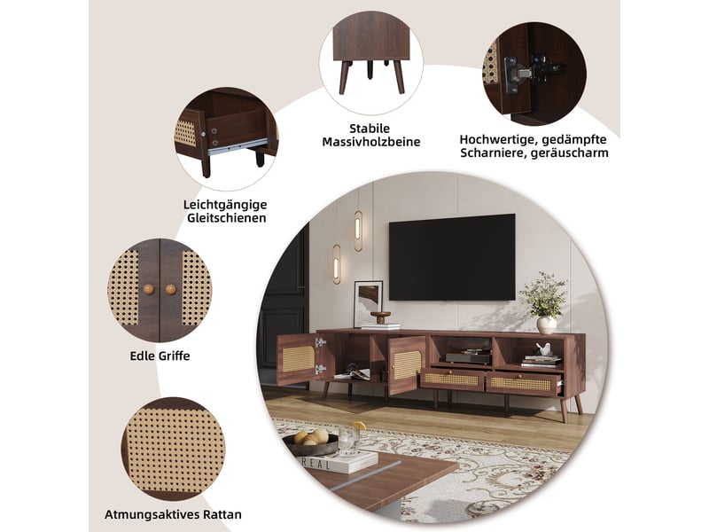  Meuble tv moderne marron effet rotin 200x37x49,5 cm avec 2 portes cannage et 2 tiroirs pour tv 80 pouces  - Conforama E