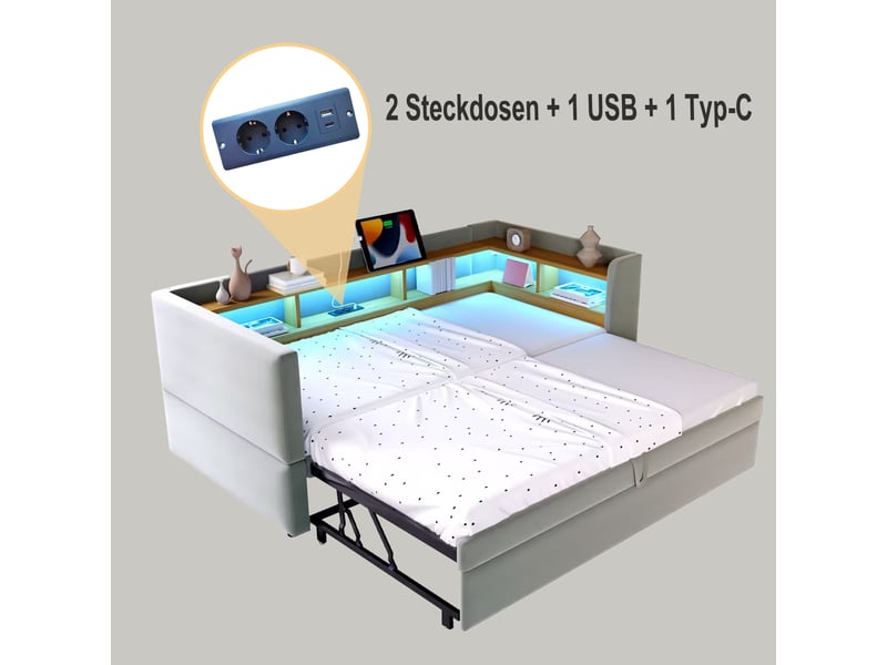 Lit banquette extensible 90180 x 190 cm, couchage simple ou double, éclairage led, prises intégrées et nombreux rangements, gris evarich - Conforama D
