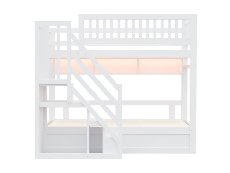  Lit mezzanine 90x200 cm en pin avec escalier de rangement, coffre hydraulique, led et prises blanc Fay Lum - Conforama D