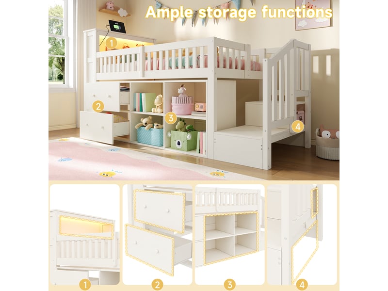  Lit mezzanine 90x200 cm avec led, rangements et tiroirs, coloris blanc  - Conforama E
