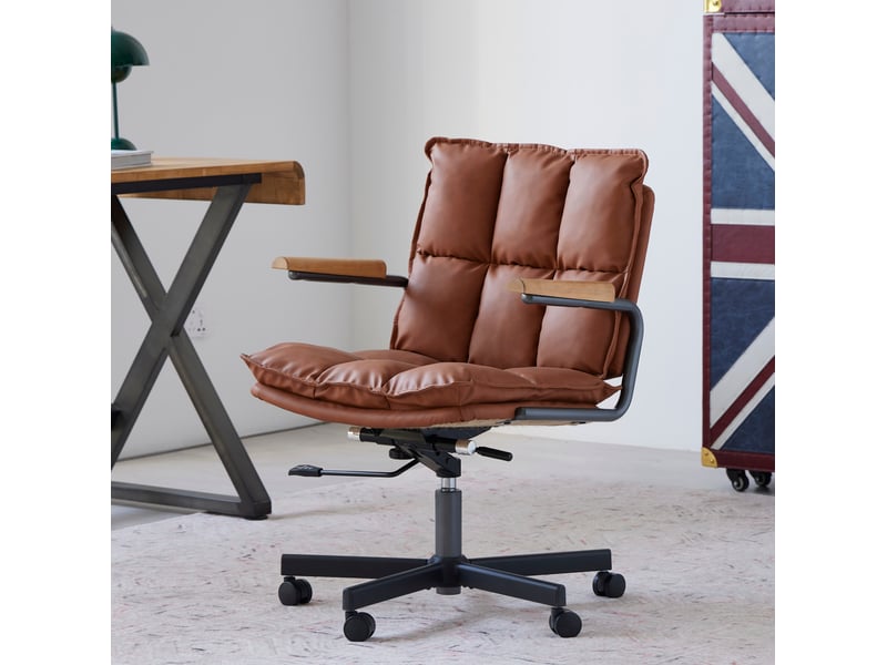  Chaise de bureau en similicuir marron réglable, pivotante 360° avec roulettes  - Conforama B