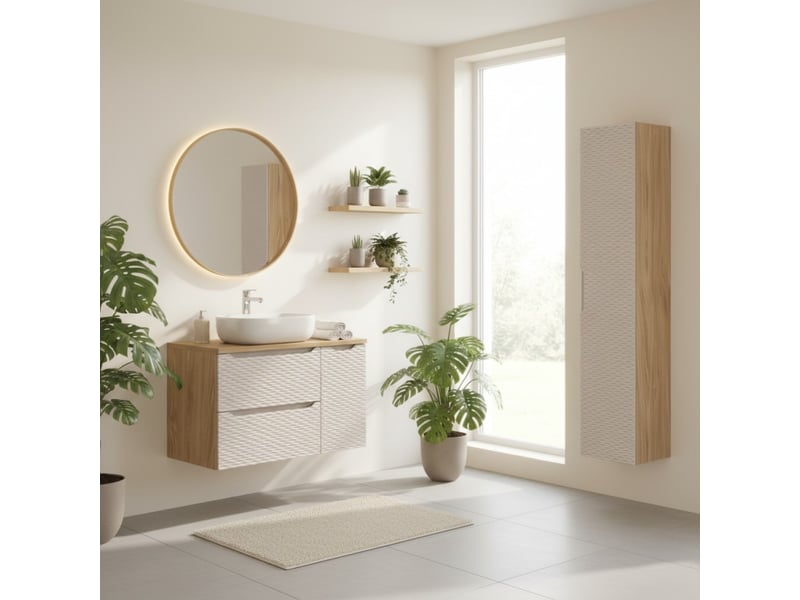  Ensemble de salle de bain yoka beige : meuble sous vasque 90 cm + plan pour vasque + vasque à poser + colonne de rangement  - Conforama B