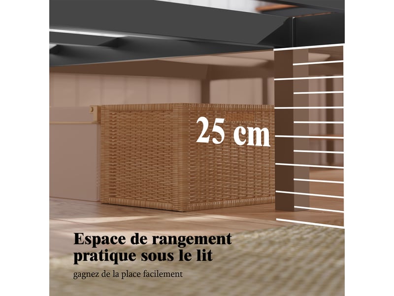  Lit 90x200 cm havenlyhome, cadre de lit double en métal avec lattes, charge max. 350 kg, montage facile, lit 2 personnes silencieux, noir  - Conforama D