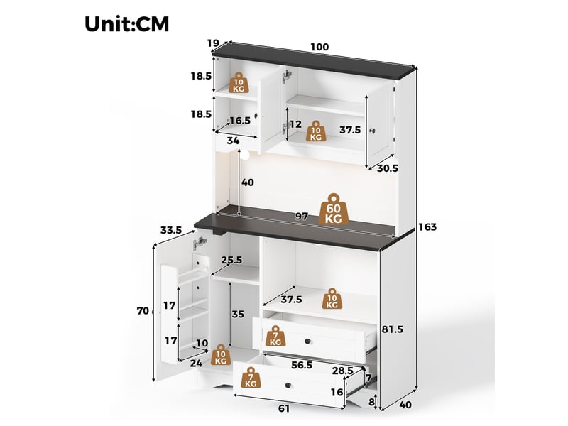  Buffet de cuisine haut 100x40x163 cm avec led et prises coloris blanc  - Conforama C