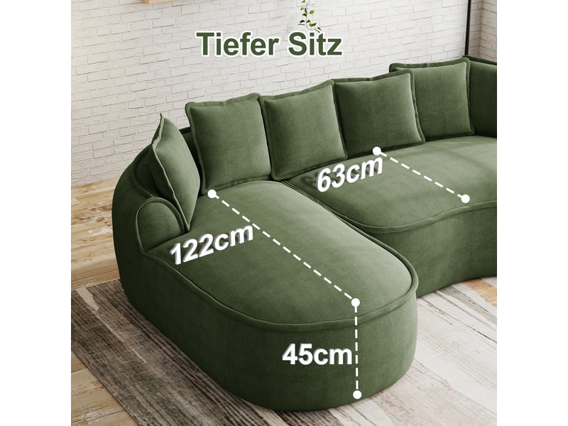  Canapé d'angle, canapé cloud – coussins inclus, sans cadre, sans montage, avec méridienne, en tissu chenille, vert, assise profonde, style cloud  - Conforama E