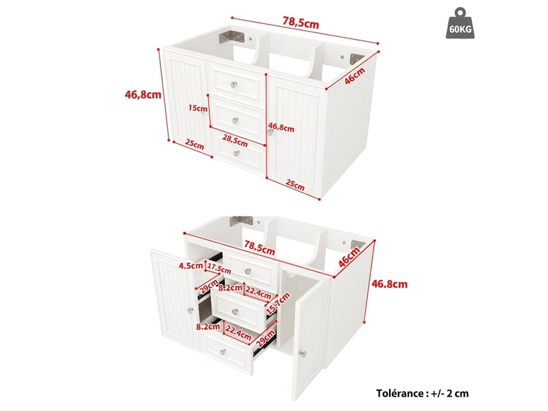 Meuble sous vasque suspendu 78.5 cm mdf 3 tiroirs meuble salle de bain blanc - Conforama D