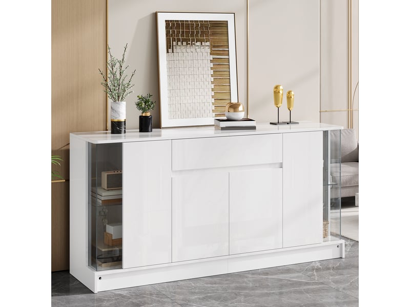 Buffet bas brillant 150 x 40 x 75 cm avec led pilotable par application, 6 portes dont 2 vitrées et 1 tiroir - blanc Fay Lum - Conforama E