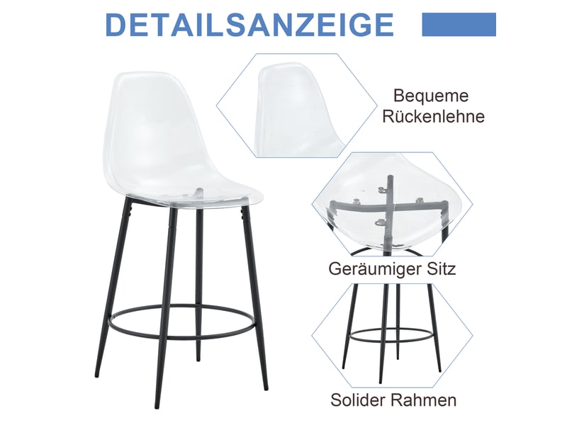 Lot de 2 tabourets de bar transparents avec pieds en métal noir, hauteur d'assise 66 cm, design minimaliste - Conforama D