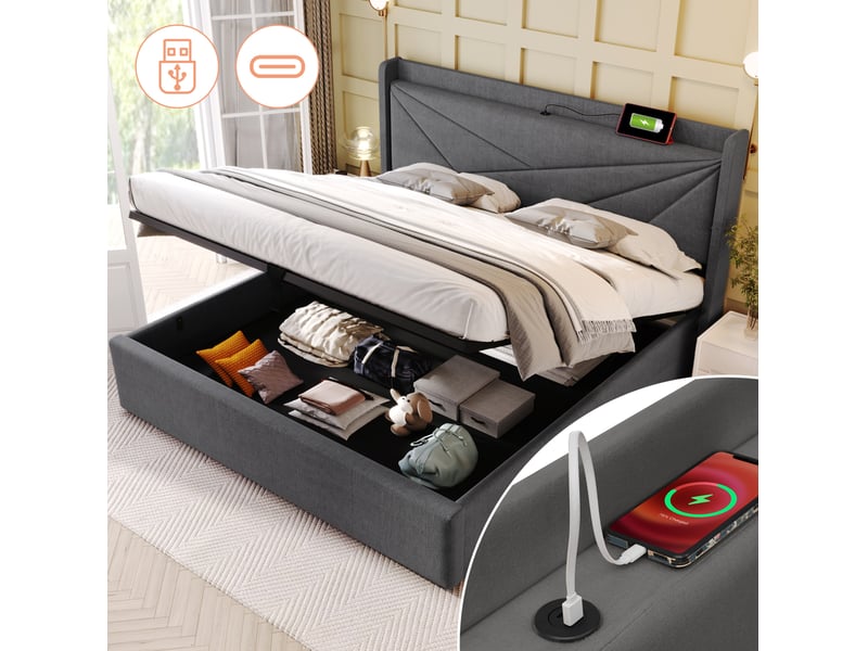  Lit coffre 140 × 200 cm 2 places avec usb, type-c, tête de lit rembourrée et rangement, avec matelas, gris  - Conforama C