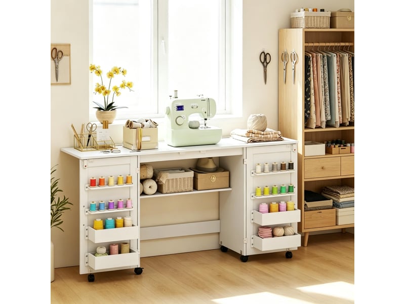  Table de couture pliante - 160x40x81,5cm - bureau meuble de couture à roulettes avec 4 bacs &amp; 20 porte-bobines - blanc  - Conforama B
