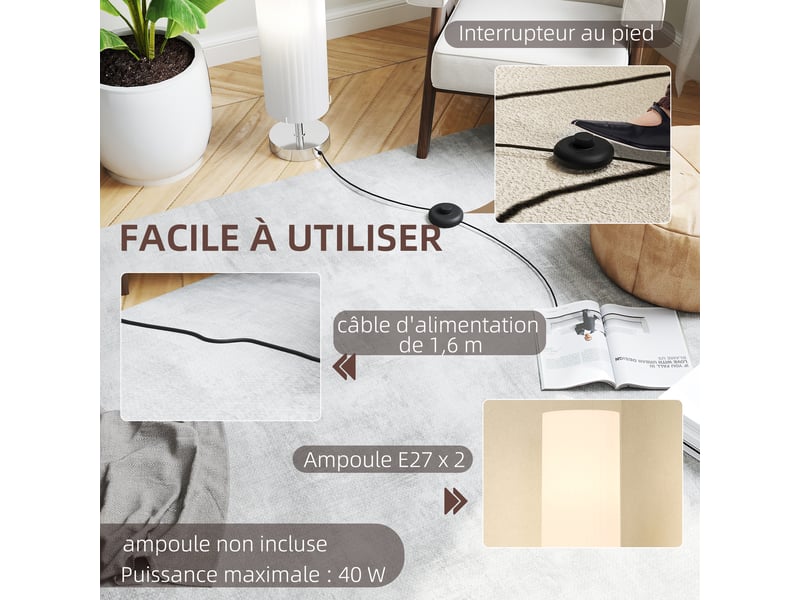  Lampe lampadaire colonne sur pied moderne lumière tamisée 40 w 14l x 14l x 120h cm blanc inox  - Conforama R