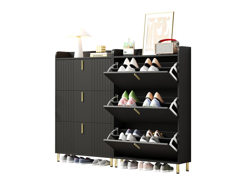 Lot de 2 meubles à chaussures étroits à 3 portes abattantes, mdf noir mat - Conforama A