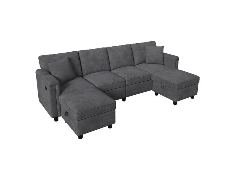 Canapé d'angle modulable gris 261x134x82 cm en chenille avec 2 poufs de rangement - Conforama A