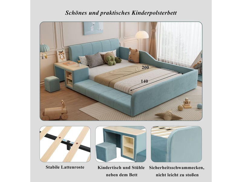  Lit enfant 140 x 200 cm lit rembourré bureau enfant tabouret tablette de rangement tête de lit douce revêtement velours coloris bleu  - Conforama C