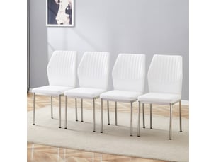 Ensemble de 4 chaises de salle à manger chic – style léger-luxe, dossier blanc pu à motif vertical, pieds métal argenté