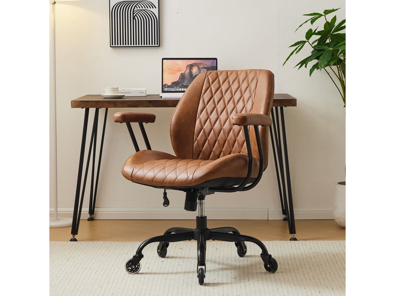  Chaise de bureau ergonomique avec soutien lombaire, hauteur réglable, roulettes et accoudoirs amovibles, cuir marron  - Conforama C
