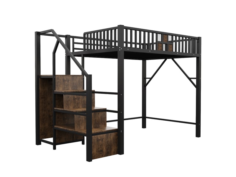  Lit mezzanine 140x200 cm avec armoire intégrée, grands tiroirs et échelle de rangement, métal et bois, noir, sans matelas  - Conforama R