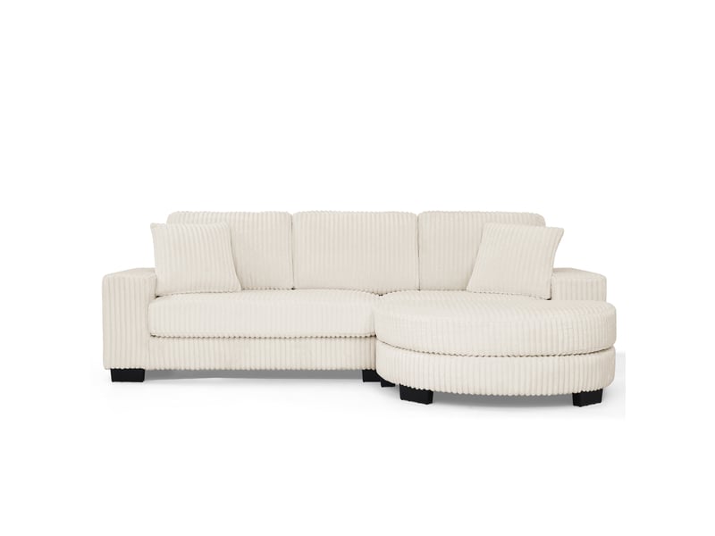  Canapé d'angle modulable 4 places avec pouf ovale réversible, tissu velours côtelé beige, structure bois eucalyptus  - Conforama A