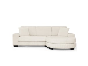 Canapé d'angle modulable 4 places avec pouf ovale réversible, tissu velours côtelé beige, structure bois eucalyptus