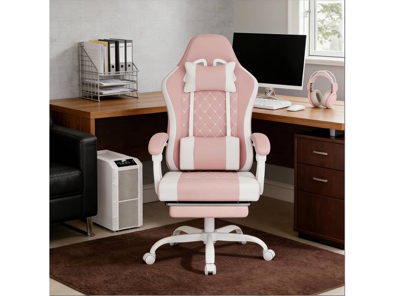 Chaise de bureau gaming rose et blanche avec massage usb, repose-pieds et dossier inclinable de 90° à 145° - Conforama B