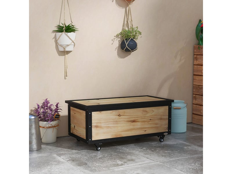  Boîte de rangement de jardin 121 l avec roues, en bois de sapin naturel, résistant aux intempéries, 100x50x43 cm 84G-322V00ND - Conforama D